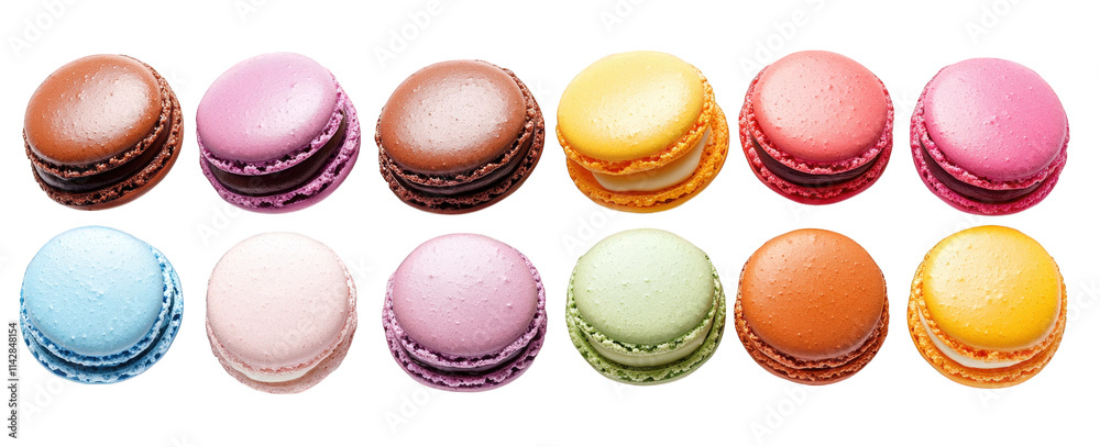 Obraz premium a row of twelve colorful macarons with different flavors. beautifully arranged on a transparent background