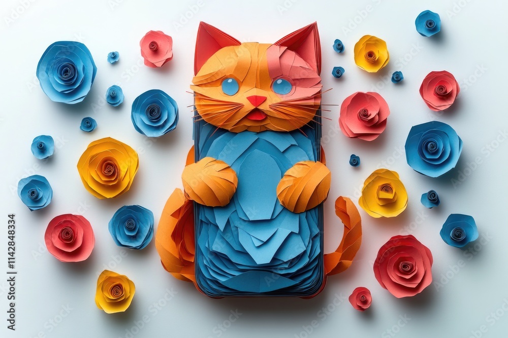 Fototapeta premium A creative paper craft featuring a feline figure surrounded by delicate paper blooms