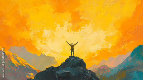 Vibrant morning sky with bold, golden hues illuminates a solitary figure standing triumphant on a mountaintop, arms raised in victorious celebration. Resplendent. Illustration