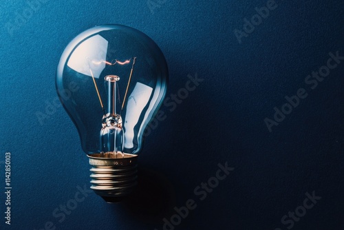 A single light bulb shines brightly against a dark blue background photo