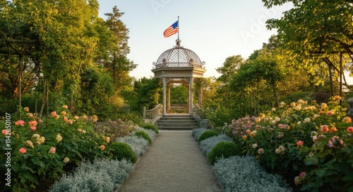 Gazebo in garden with roses, American flag, trees, pathway photo