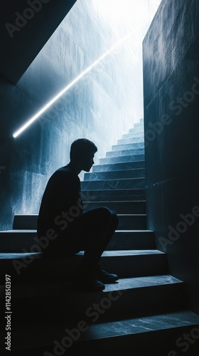 Person sitting alone on dark staircase, shadows consuming space, moody overhead light, dramatic emotional focus, strong depth of field, cinematic tension, emotional melancholy
