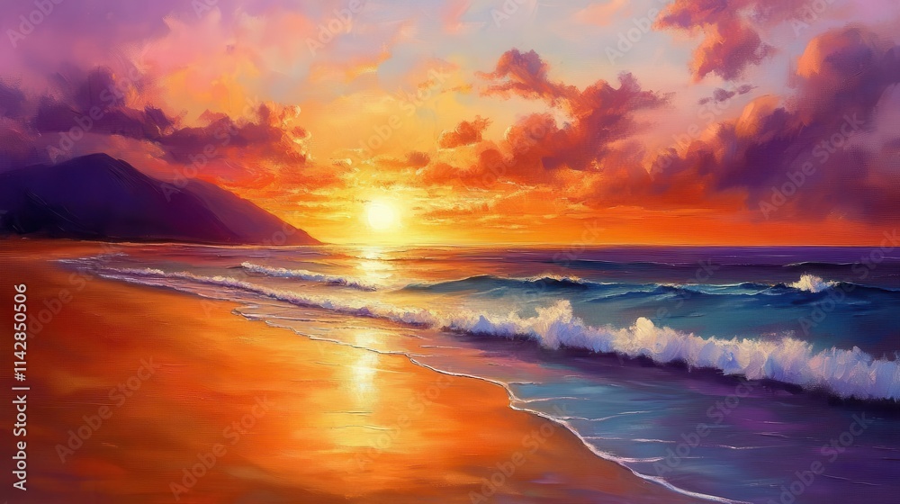 a breathtaking beach scene at sunset, painted in rich hues of orange, pink, and purple, capturing the serenity and beauty of nature's twilight a breathtaking beach scene at sunset, painted in rich hues of orange, pink, and purple, capturing the serenity and beauty of nature's twilight