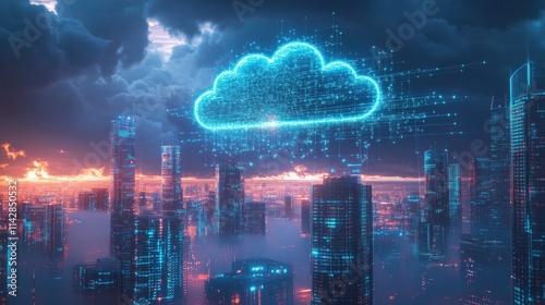 Futuristic digital cloud over cityscape: concept of technology and connectivity