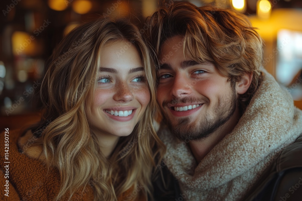 Young couple enjoying laughter in a cozy setting Young couple enjoying laughter in a cozy setting