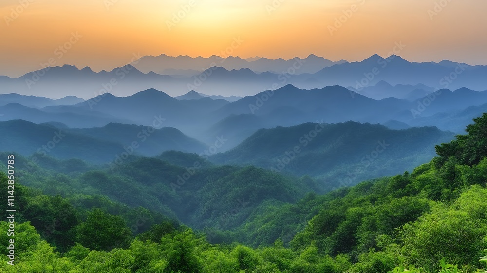 Fototapeta premium Serene Sunset Over Rolling Green Mountains