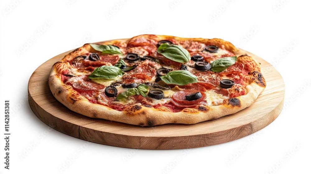 a delicious pizza presented on a rustic wooden plate, artfully styled, stands out against a crisp white background, emphasizing its appetizing toppings a delicious pizza presented on a rustic wooden plate, artfully styled, stands out against a crisp white background, emphasizing its appetizing toppings