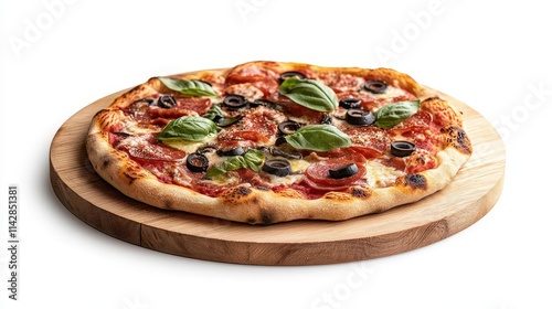 a delicious pizza presented on a rustic wooden plate, artfully styled, stands out against a crisp white background, emphasizing its appetizing toppings