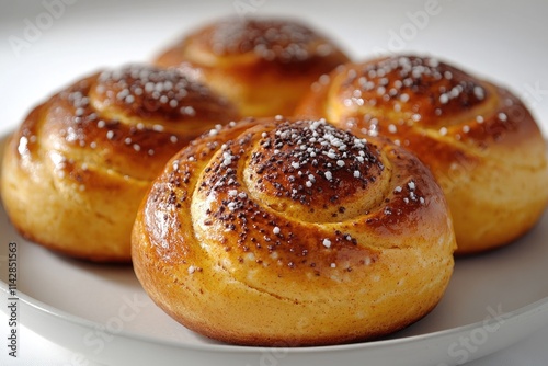 A white plate filled with sweet pastries dusted with powdered sugar, perfect for a bakery display or dessert table