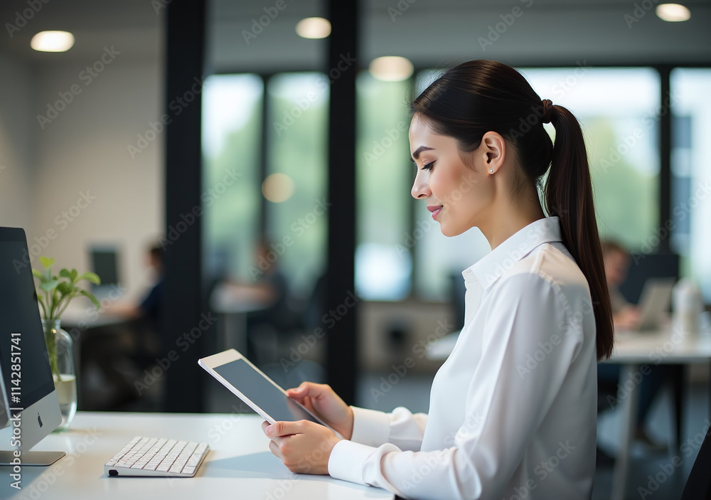 businesswoman works modern desk tablet hand amidst sleek office businesswoman works modern desk tablet hand amidst sleek office
