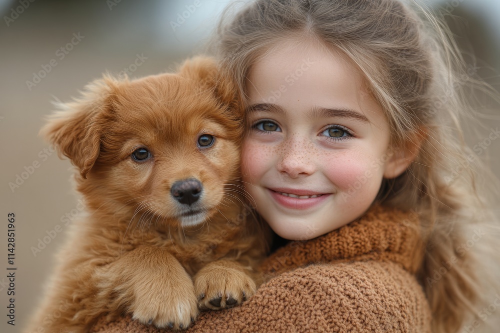 Young girl joyfully holds her puppy in a cozy setting Young girl joyfully holds her puppy in a cozy setting