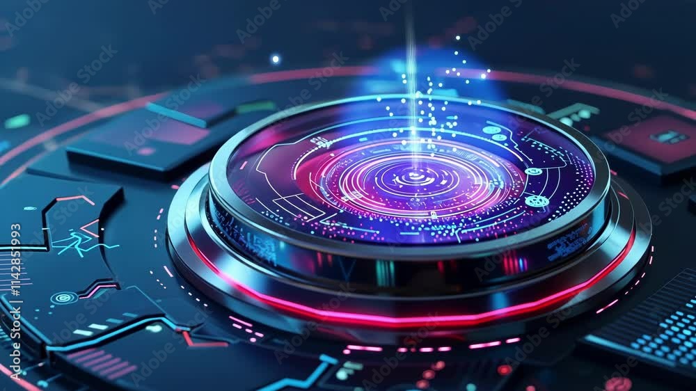 Holographic data visualization is displayed on a futuristic technology interface, featuring glowing neon lights, intricate circuitry, and advanced technological elements