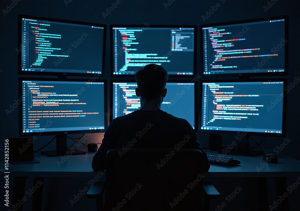 developer sits surrounded glowing screens displaying code developer sits surrounded glowing screens displaying code