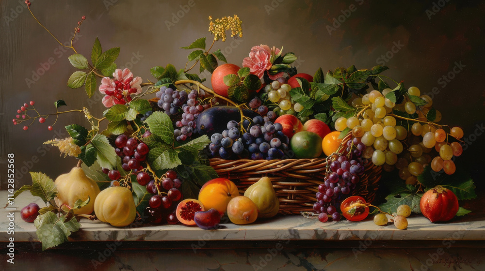 A still life with a basket of fresh spring fruits and vegetables. A still life with a basket of fresh spring fruits and vegetables.