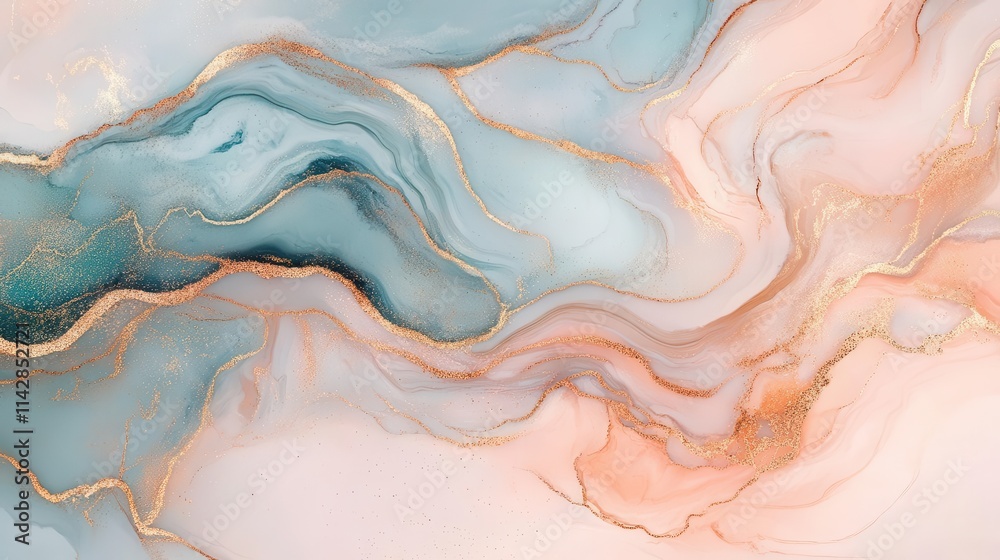 Fototapeta premium a mesmerizing swirl of pink and gold marble creates an abstract background, blending light pinks and azure tones with rose gold accents, evoking luxury and elegance