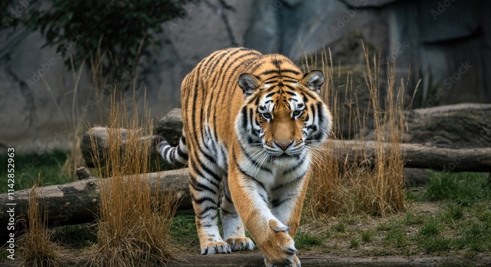 Fototapeta premium Majestic tiger walking on grass with logs in background