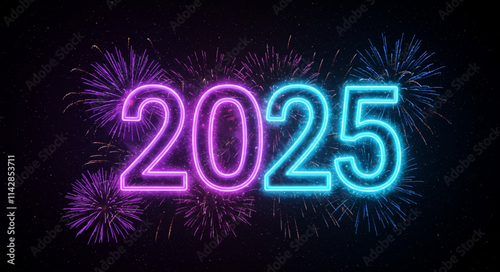 Dazzling 2025 in Neon Lights with Sparkling Trails and Fireworks Dazzling 2025 in Neon Lights with Sparkling Trails and Fireworks