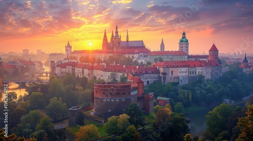 A stunning sunrise view of a historic castle complex with towers and lush greenery.