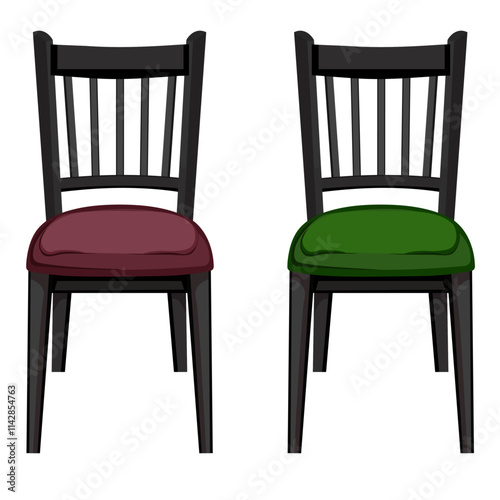 Two black chairs with burgundy and green cushions