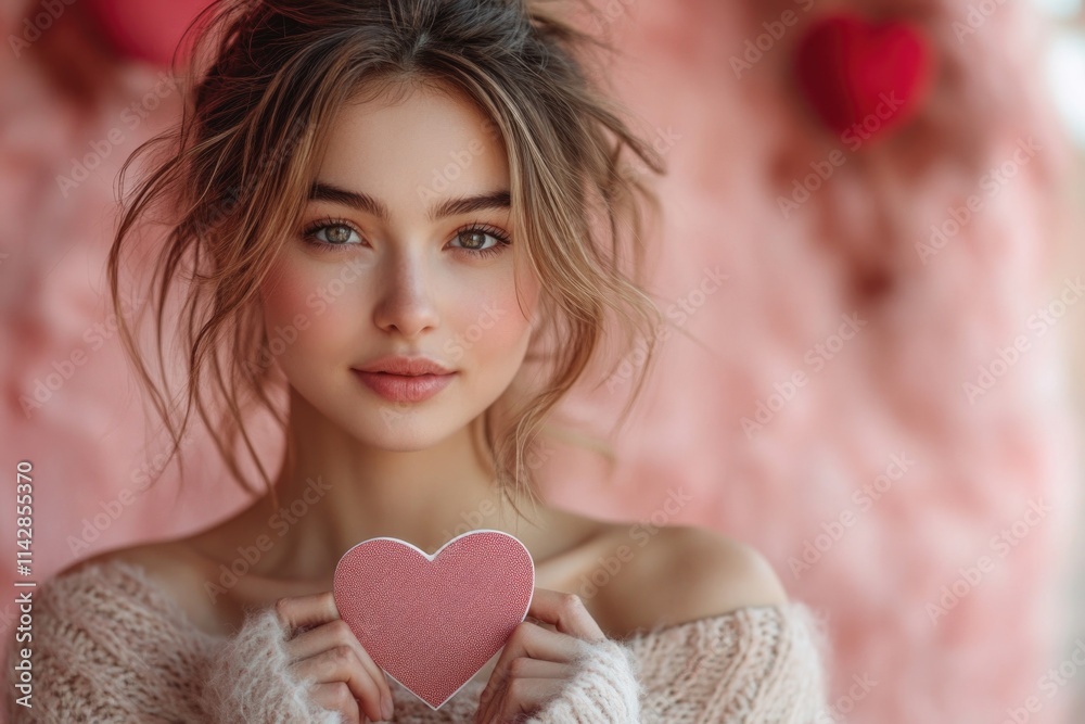 A woman holds a pink heart in front of her face, possibly indicating modesty or shyness A woman holds a pink heart in front of her face, possibly indicating modesty or shyness