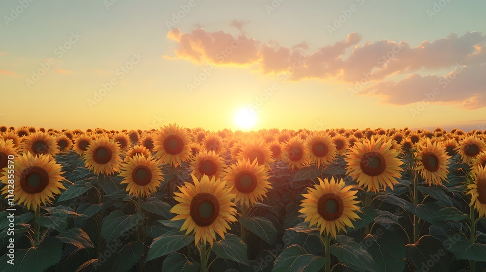 Fototapeta premium Endless sunflower field glowing vibrantly under the warm golden sunlight with a clear sky, creating a cheerful and lively atmosphere