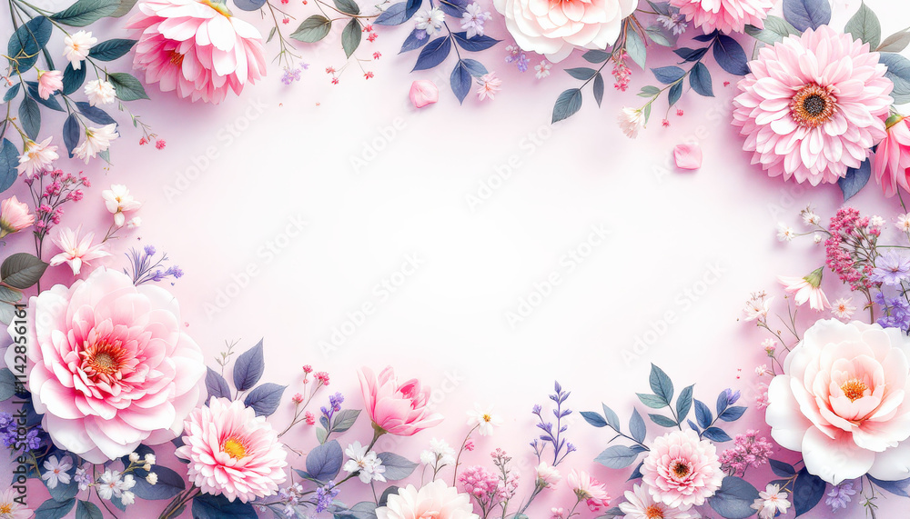 Obraz premium Floral background featuring a vibrant arrangement of colorful flowers with a soft, blurred effect, creating a beautiful space for personalized text or messages in the center.
