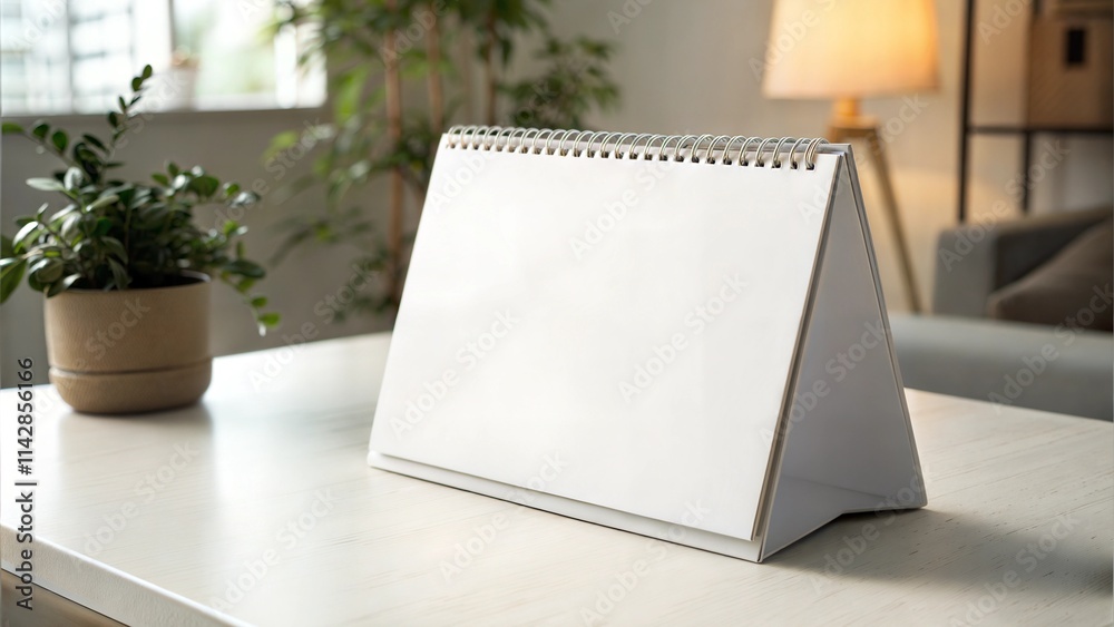 Blank desk calendar mockup with copy space on wooden table in cozy interior setting