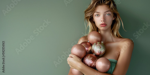 Portrait of beautiful young woman holding xmas ornaments or baubles in arms. Green pastel background.