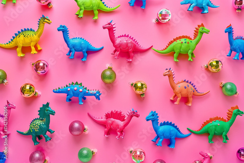 Pattern made with wild dino toys and xmas baubles. Minimal creative fun idea.