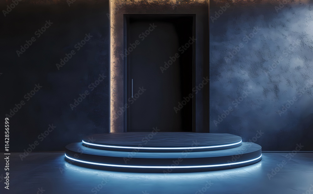 Illuminated circular platform in a dark room with a door. Illuminated circular platform in a dark room with a door.