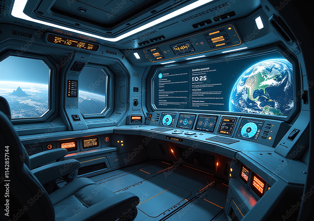 Obraz premium advanced futuristic space ship features multiple screens navigation control highly technological environment