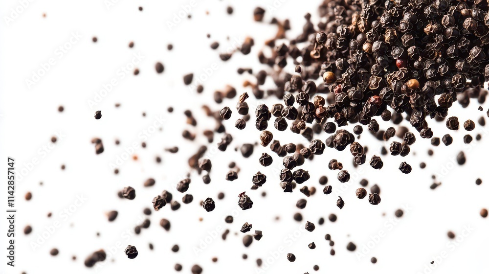 Naklejka premium ground black pepper is artistically scattered, with grains flying in a dynamic motion against a pristine white background, creating a bold visual effect