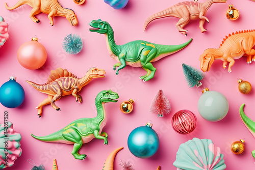 Colorful Dinosaur Toys and Festive Ornaments on a Pink Background.