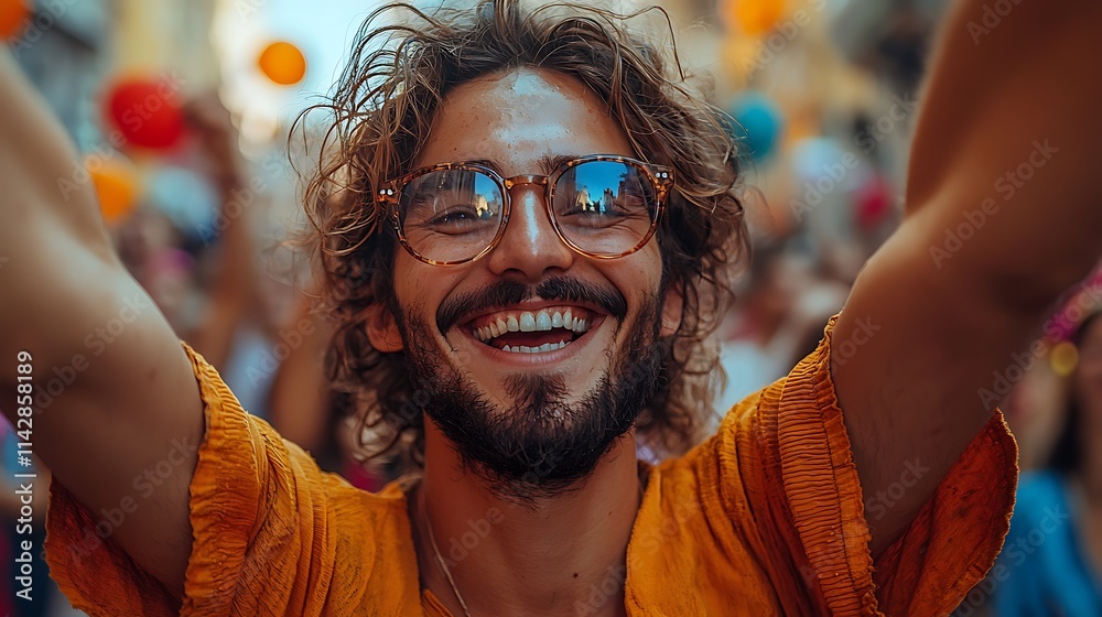 Group of young adults celebrating a joyful moment in a vibrant city square, their faces beaming with happiness Group of young adults celebrating a joyful moment in a vibrant city square, their faces beaming with happiness