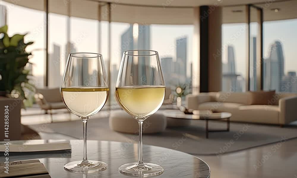 Relaxing moment highlighted by two glasses of sparkling drinks in a stylish urban apartment, showcasing a stunning city view at sunset Relaxing moment highlighted by two glasses of sparkling drinks in a stylish urban apartment, showcasing a stunning city view at sunset
