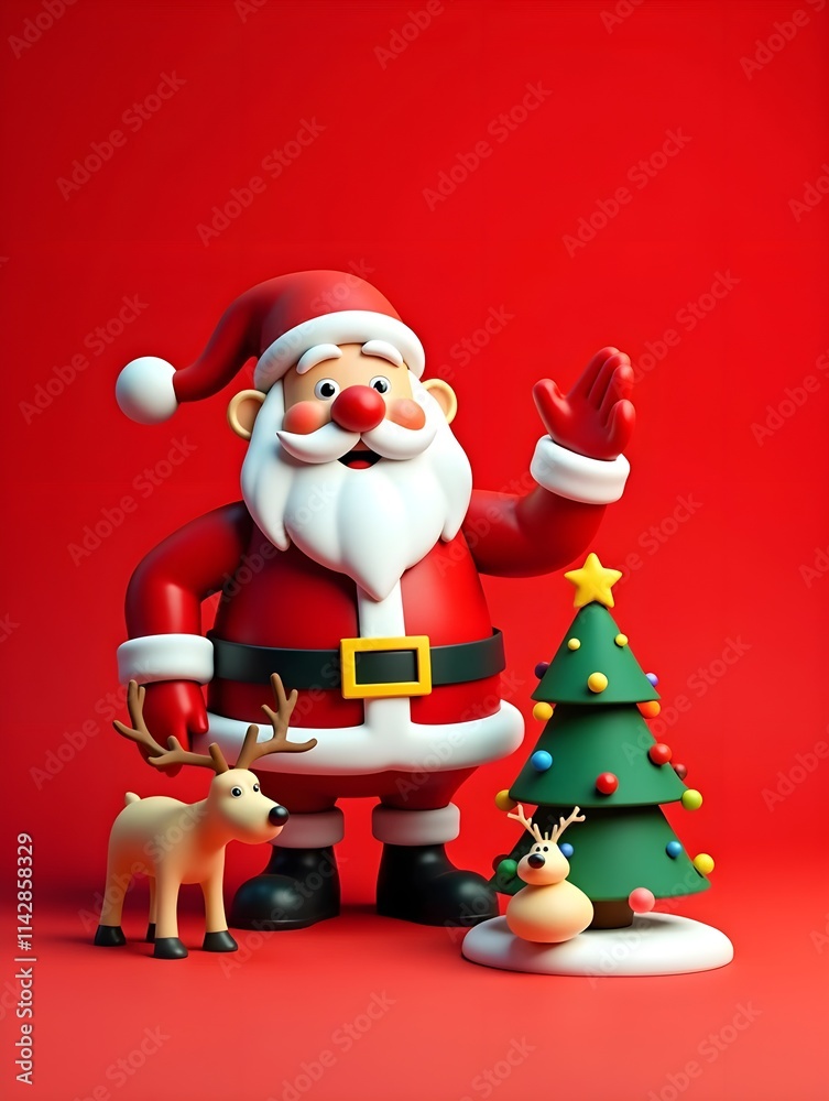 3d santa claus with christmas tree and deer on red background 3d santa claus with christmas tree and deer on red background