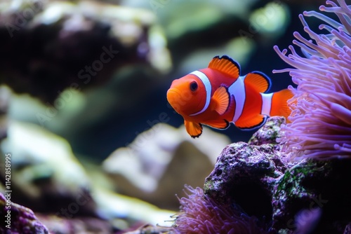 A clown fish looks straight into the lens from its home in a well-maintained aquarium photo