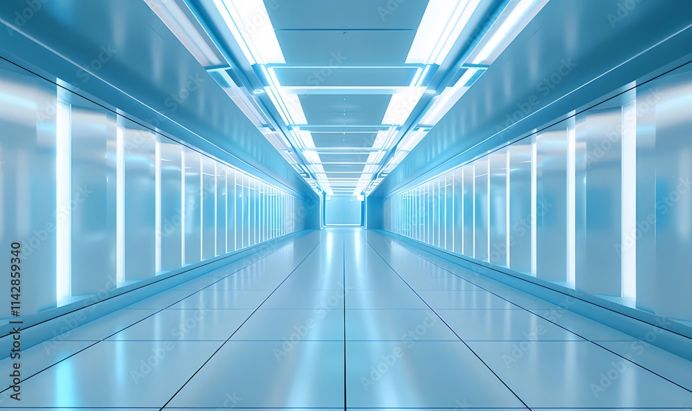 Futuristic blue corridor with glowing lights and reflective floor. Futuristic blue corridor with glowing lights and reflective floor.