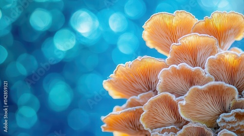 close-up of exotic mushrooms against a vivid blue background, showcasing textures and colors, blending the elements of nature and art in a striking visual