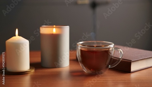 A scene with a stylishly designed mug filled with hot tea, a small book and incense on the table creating a cozy atmosphere.