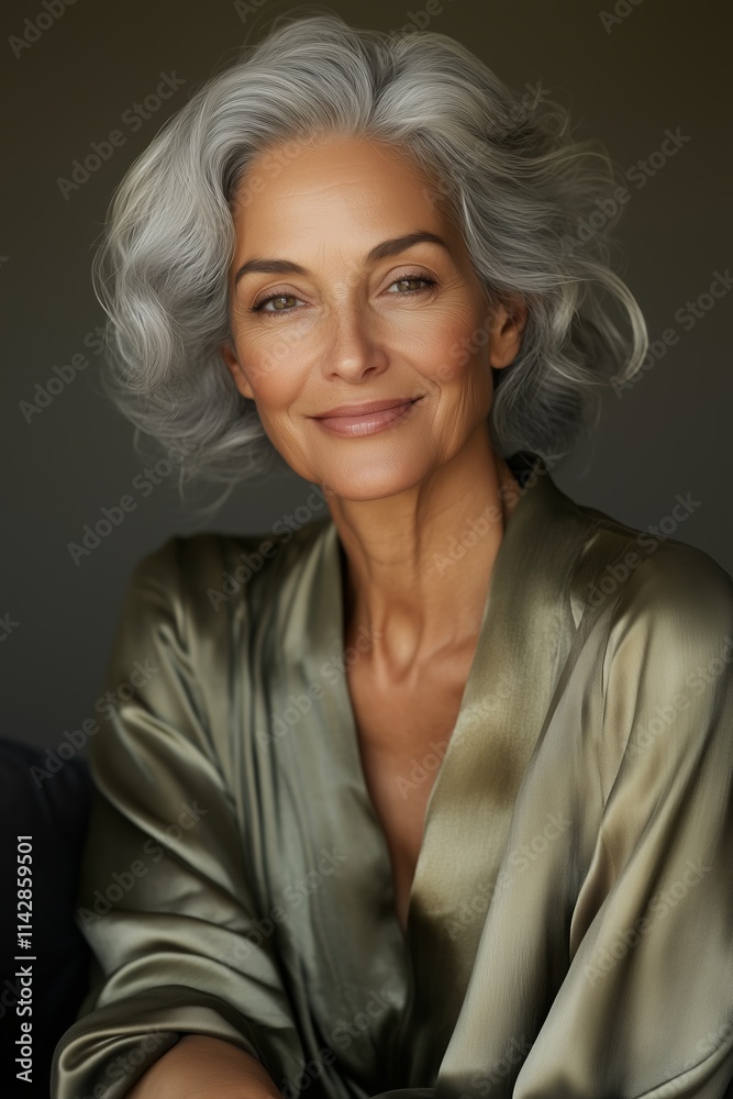 Older Caucasian woman smiling gently, silver hair flowing freely, wearing light green blouse, natural light enhances serene expression, radiance highlights features, graceful woman concept. Older Caucasian woman smiling gently, silver hair flowing freely, wearing light green blouse, natural light enhances serene expression, radiance highlights features, graceful woman concept.