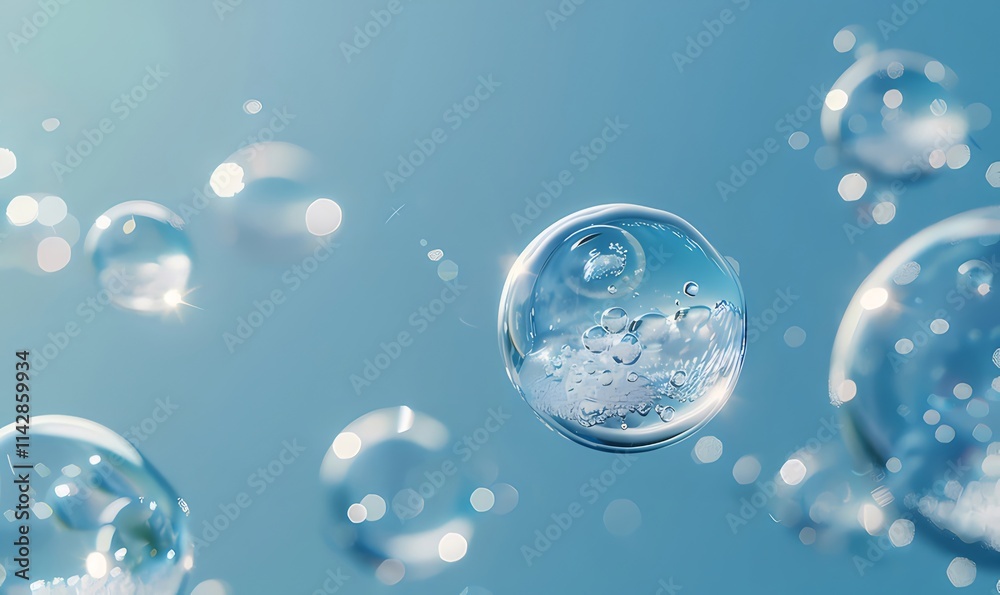 Sparkling water bubbles floating on blue background. Sparkling water bubbles floating on blue background.