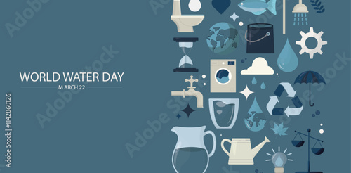 World Water Day Awareness Design banner. Illustration promoting World Water Day, featuring water conservation symbols like taps, recycling, and nature icons against a blue background