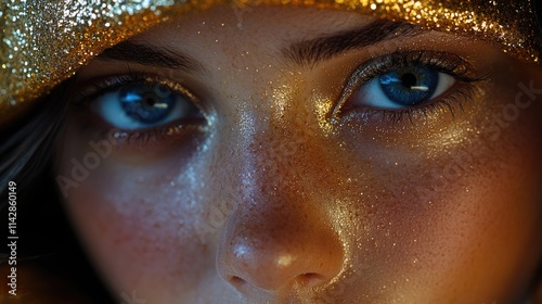 Close-up of a woman's face with glitter makeup, suitable for beauty or party themes photo