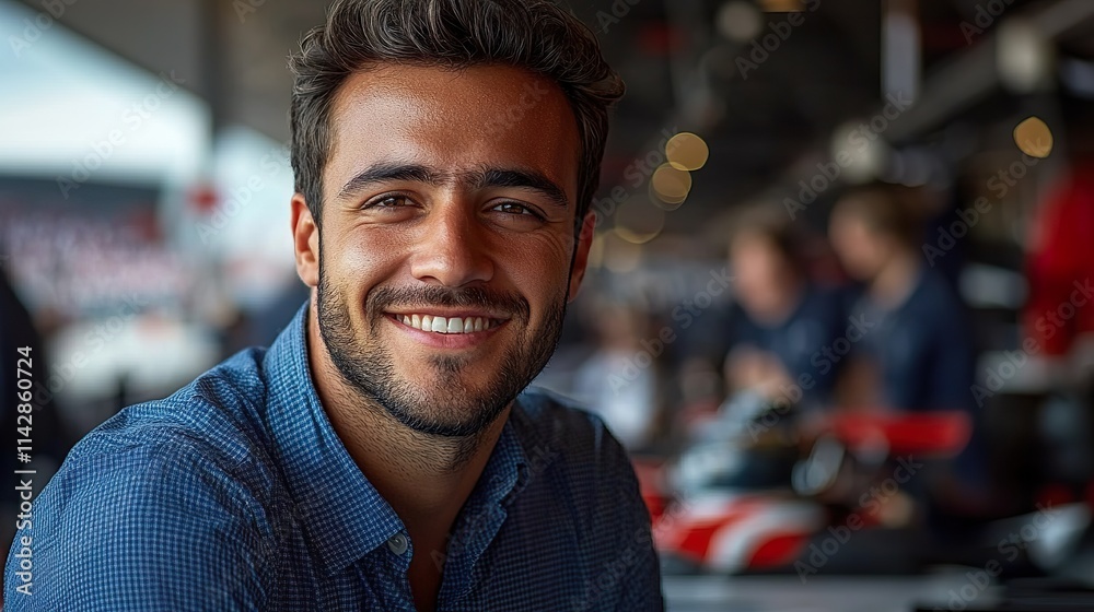 Fototapeta premium Close-Up Portrait of a Young Professional Racer with a Friendly Smile
