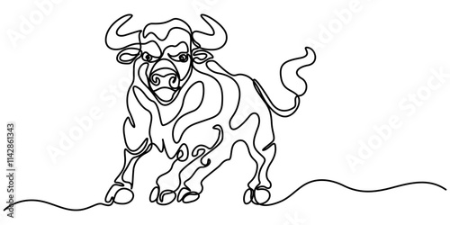 Continuous one line drawing. Bull cow icon, One single line drawing of elegance buffalo for conservation national park logo identity. Big strong bull mascot concept for rodeo show. Modern continuous.