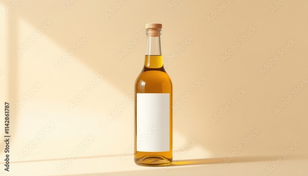 Clear glass bottle of olive oil stands against beige backdrop. Blank white label on bottle. Simple minimalist aesthetic. Ideal for food product branding, design. Bottle healthy, natural ingredient Clear glass bottle of olive oil stands against beige backdrop. Blank white label on bottle. Simple minimalist aesthetic. Ideal for food product branding, design. Bottle healthy, natural ingredient