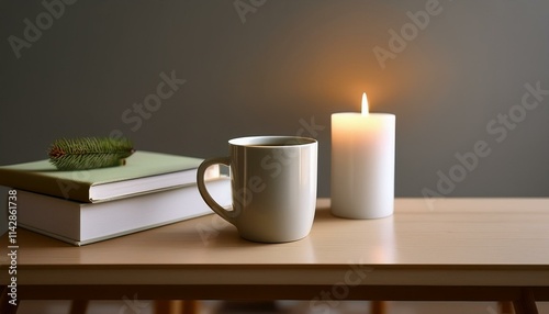 A scene with a stylishly designed mug filled with hot tea, a small book and incense on the table creating a cozy atmosphere.