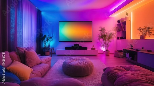 home cinema living room with colored led lights, modern design, cozy ambiance, large screen, plush seating, dynamic and immersive visual experience