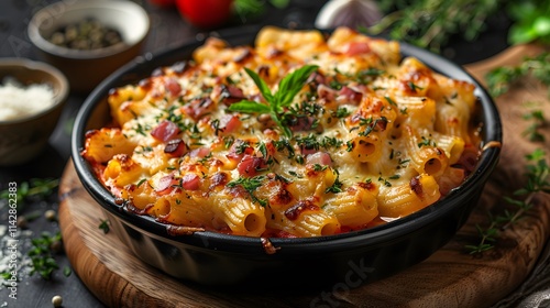 Baked pasta with ham and cheesy tomato sauce.